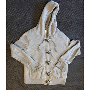 Roxy Women's Large Hoodie Gray Sherpa Faux Fur Lined Toggle Full Zip Jacket L